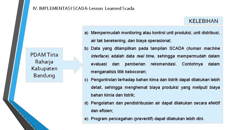 IV. IMPLEMENTASI SCADA-Lesson Learned Scada KELEBIHAN a) Mempermudah monitoring atau kontrol unit produksi, unit