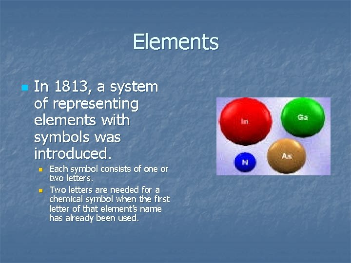 Elements n In 1813, a system of representing elements with symbols was introduced. n