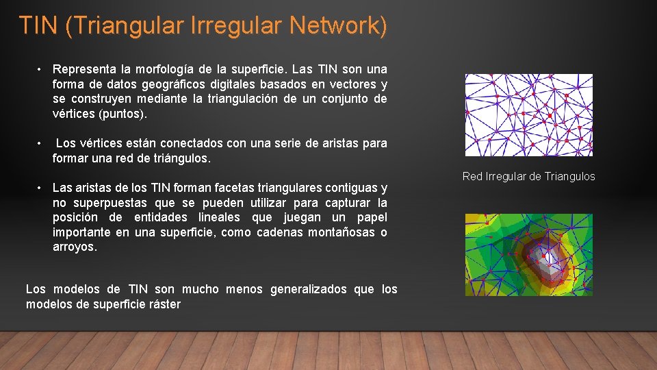 TIN (Triangular Irregular Network) • Representa la morfología de la superficie. Las TIN son