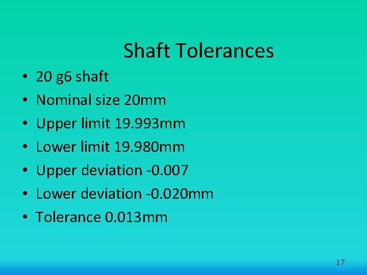 Shaft Tolerances • • 20 g 6 shaft Nominal size 20 mm Upper limit