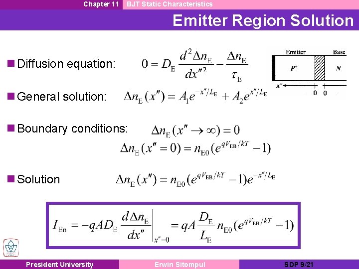 Chapter 11 BJT Static Characteristics Emitter Region Solution n Diffusion equation: n General solution: