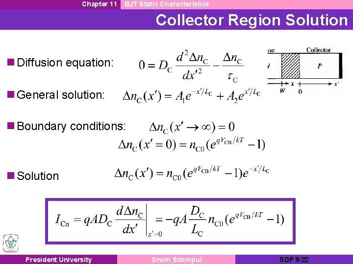 Chapter 11 BJT Static Characteristics Collector Region Solution n Diffusion equation: n General solution: