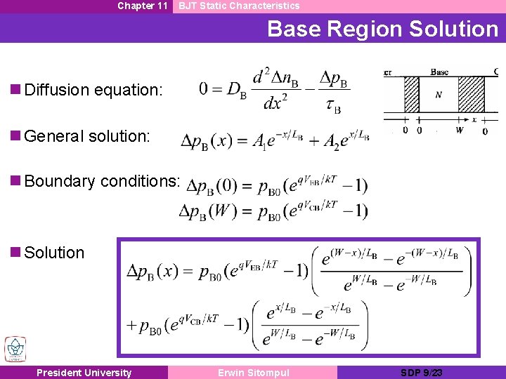 Chapter 11 BJT Static Characteristics Base Region Solution n Diffusion equation: n General solution: