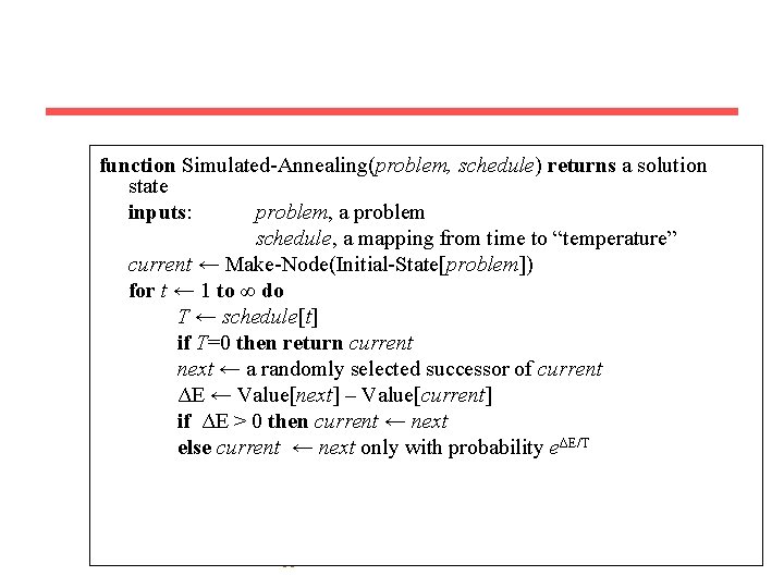 function Simulated-Annealing(problem, schedule) returns a solution state inputs: problem, a problem schedule, a mapping