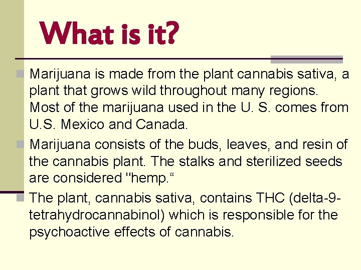 What is it? n Marijuana is made from the plant cannabis sativa, a plant What is it? n Marijuana is made from the plant cannabis sativa, a plant