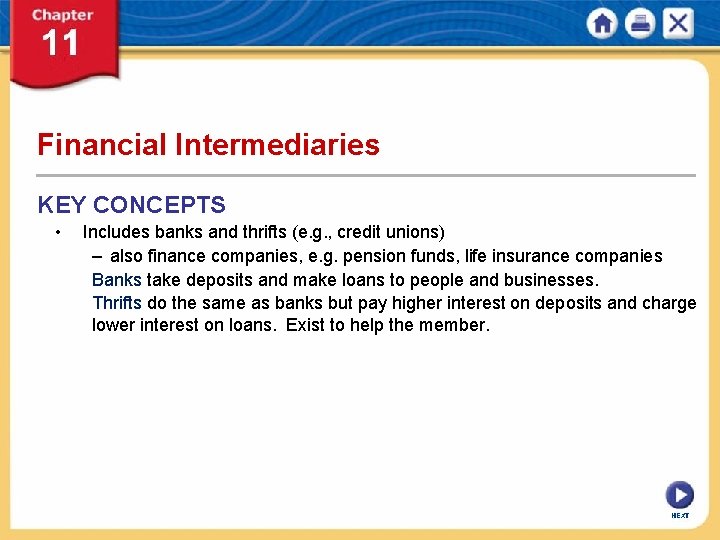 Financial Intermediaries KEY CONCEPTS • Includes banks and thrifts (e. g. , credit unions)