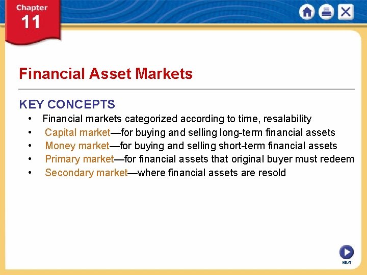 Financial Asset Markets KEY CONCEPTS • Financial markets categorized according to time, resalability •