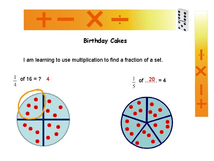 Birthday Cakes I am learning to use multiplication to find a fraction of a