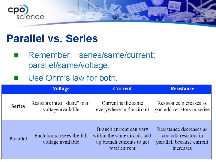Parallel vs. Series n Remember: series/same/current; parallel/same/voltage. n Use Ohm’s law for both. 