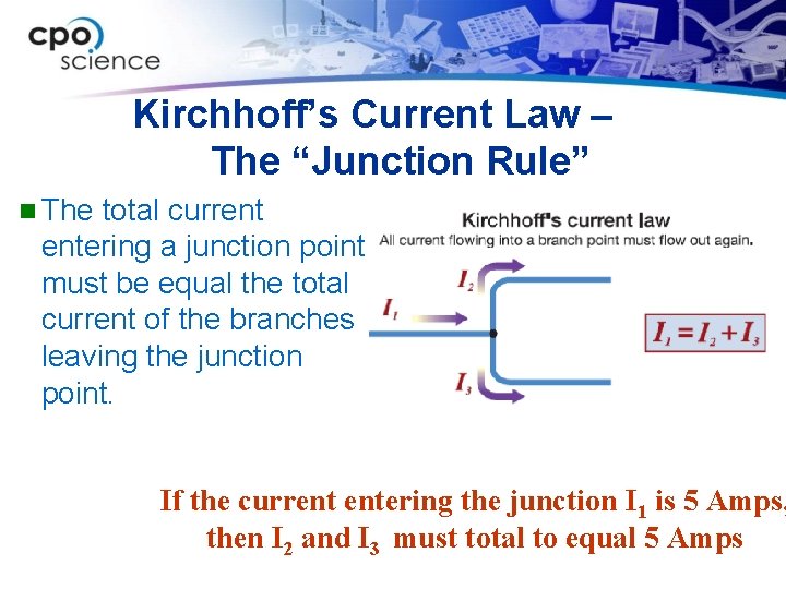 Kirchhoff’s Current Law – The “Junction Rule” n The total current entering a junction