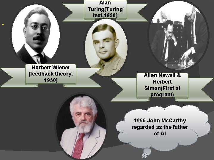 Alan Turing(Turing test, 1950) . Norbert Wiener (feedback theory. 1950) Allen Newell & Herbert