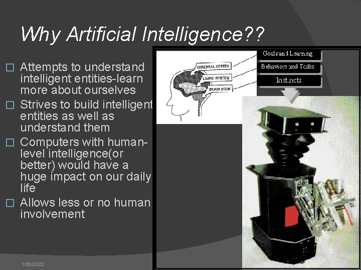 Why Artificial Intelligence? ? Attempts to understand intelligent entities-learn more about ourselves � Strives