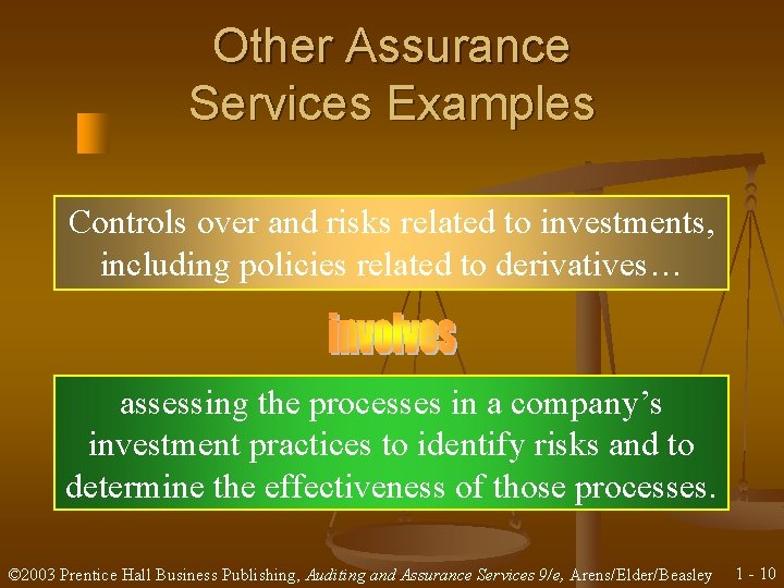 Other Assurance Services Examples Controls over and risks related to investments, including policies related