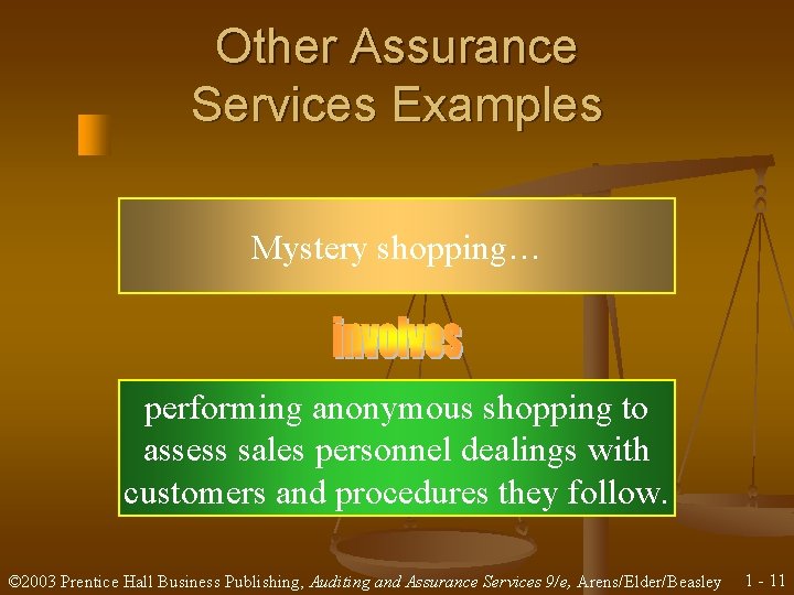 Other Assurance Services Examples Mystery shopping… performing anonymous shopping to assess sales personnel dealings