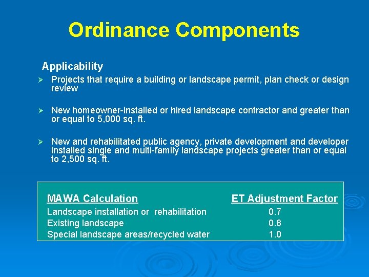 Ordinance Components Applicability Ø Projects that require a building or landscape permit, plan check