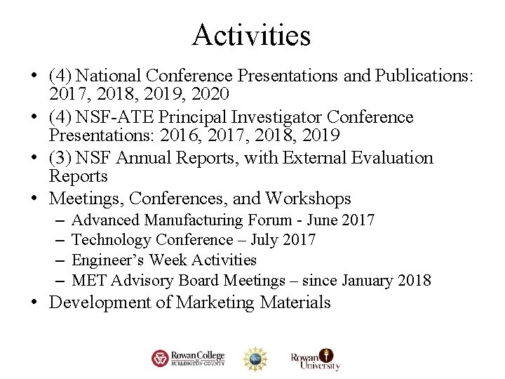 Activities • (4) National Conference Presentations and Publications: 2017, 2018, 2019, 2020 • (4) Activities • (4) National Conference Presentations and Publications: 2017, 2018, 2019, 2020 • (4)