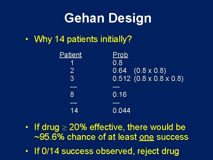 Gehan Design • Why 14 patients initially? Patient 1 2 3 --8 --14 Prob