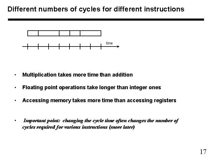 Different numbers of cycles for different instructions time • Multiplication takes more time than