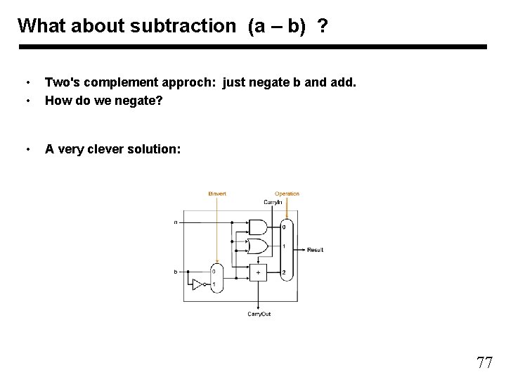 What about subtraction (a – b) ? • • Two's complement approch: just negate