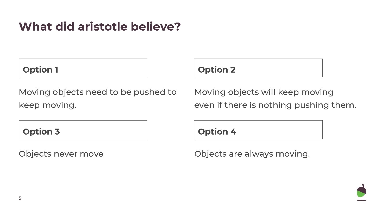 What did aristotle believe? Option 1 Option 2 Moving objects need to be pushed