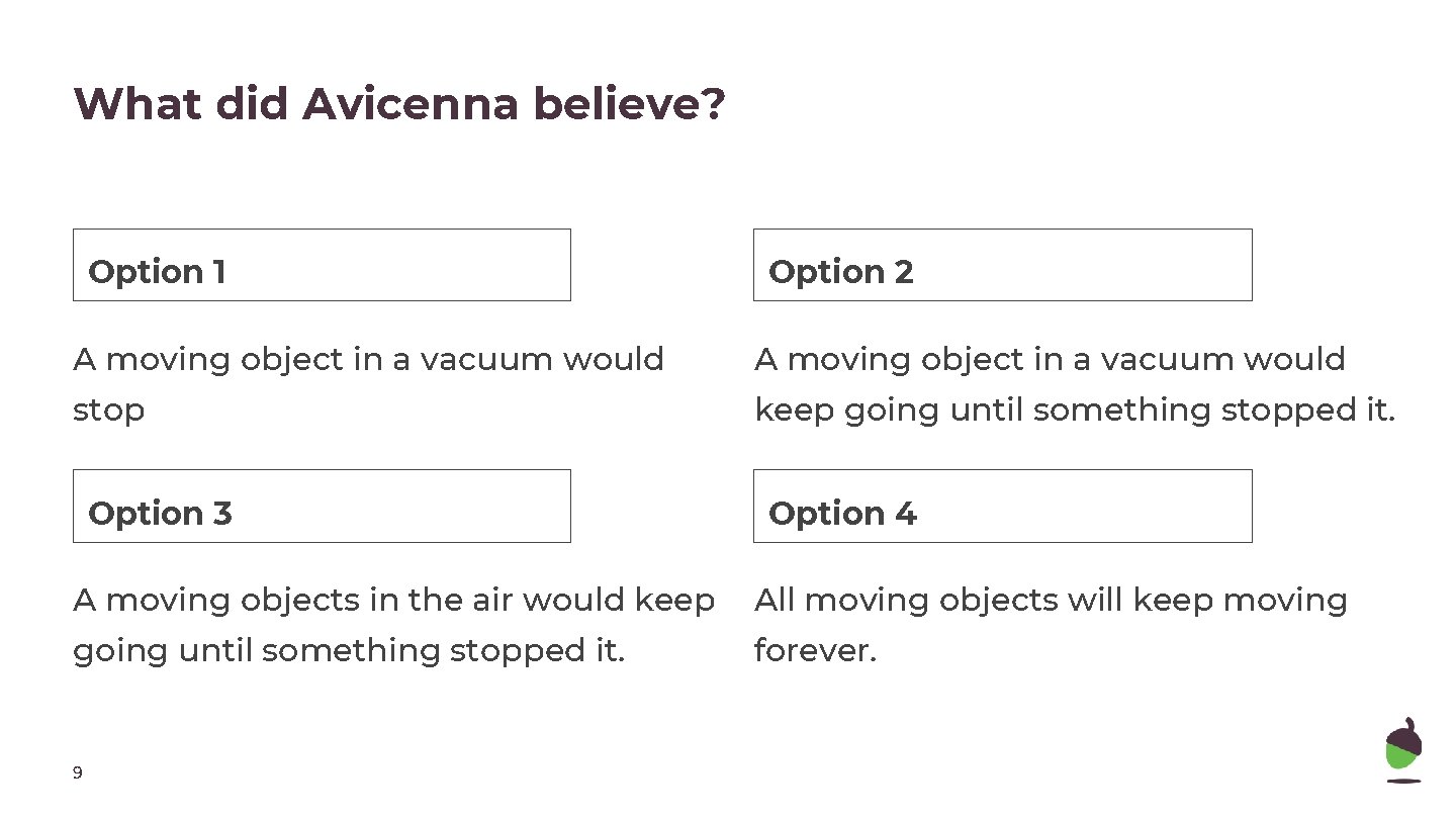 What did Avicenna believe? Option 1 Option 2 A moving object in a vacuum