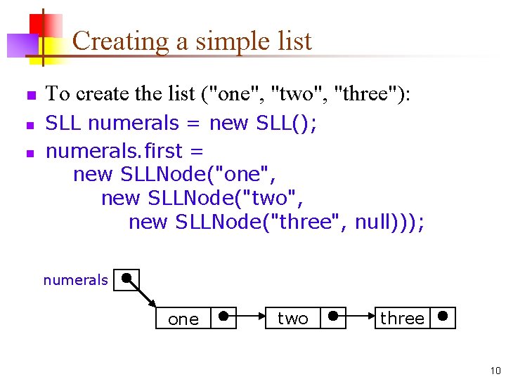 Creating a simple list n n n To create the list ("one", "two", "three"):