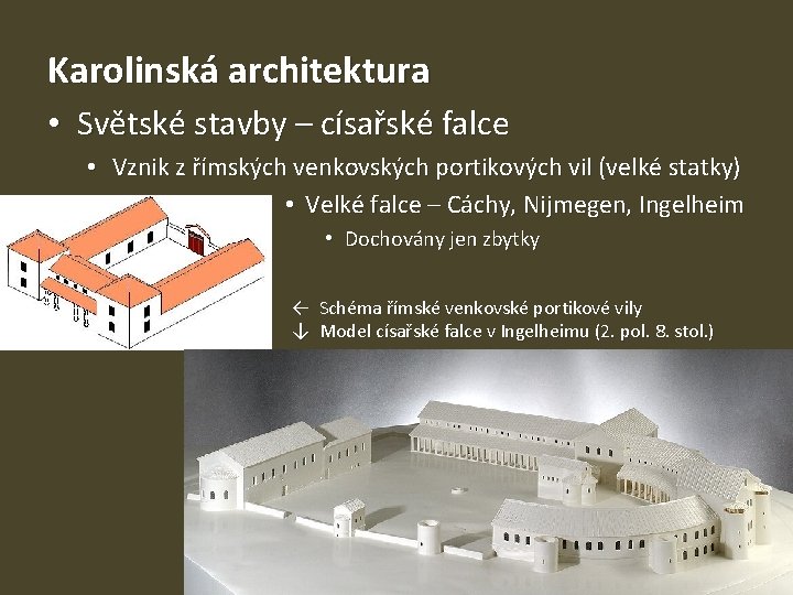 Karolinská architektura • Světské stavby – císařské falce • Vznik z římských venkovských portikových
