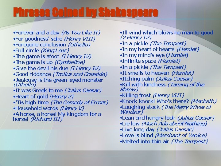 Phrases Coined by Shakespeare • Forever and a day (As You Like It) •