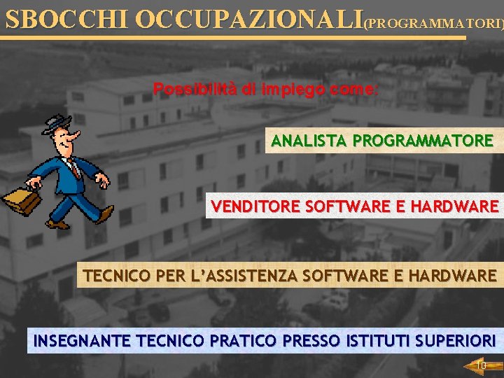 SBOCCHI OCCUPAZIONALI(PROGRAMMATORI) Possibilità di impiego come: ANALISTA PROGRAMMATORE VENDITORE SOFTWARE E HARDWARE TECNICO PER