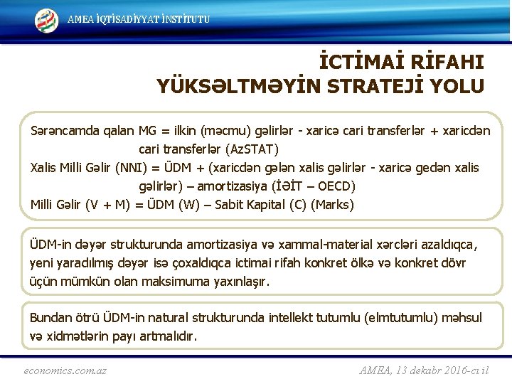 AMEA İQTİSADİYYAT İNSTİTUTU İCTİMAİ RİFAHI YÜKSƏLTMƏYİN STRATEJİ YOLU Sərəncamda qalan MG = ilkin (məcmu)