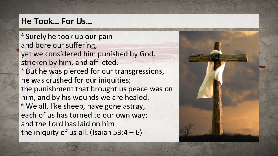 He Took… For Us… Surely he took up our pain and bore our suffering,