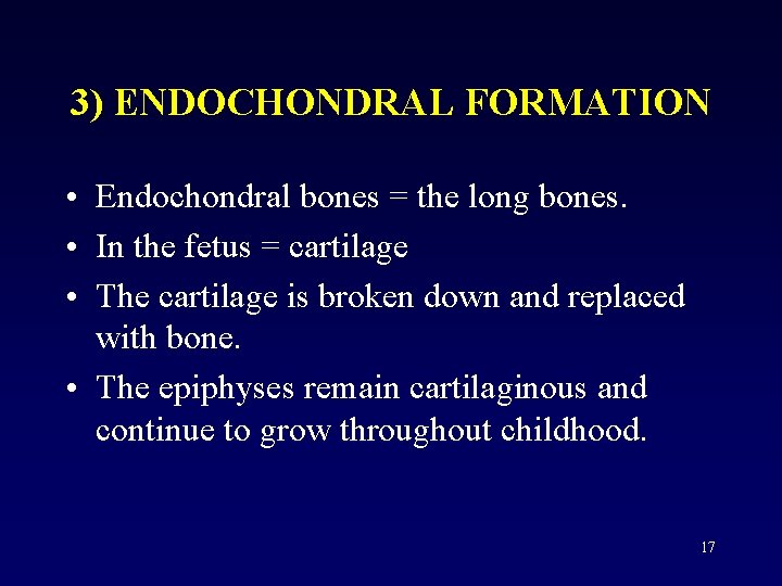 3) ENDOCHONDRAL FORMATION • Endochondral bones = the long bones. • In the fetus