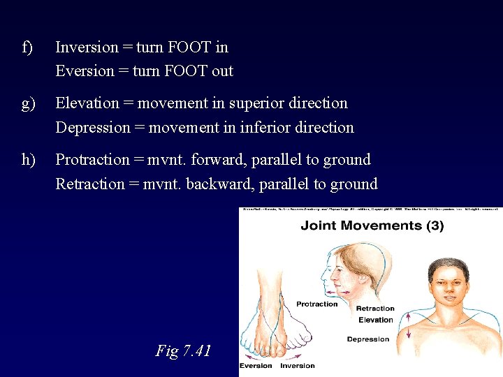 f) Inversion = turn FOOT in Eversion = turn FOOT out g) Elevation =