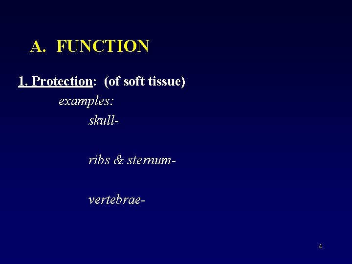A. FUNCTION 1. Protection: (of soft tissue) examples: skullribs & sternumvertebrae- 4 