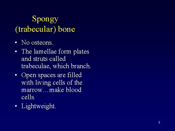 Spongy (trabecular) bone • No osteons. • The lamellae form plates and struts called