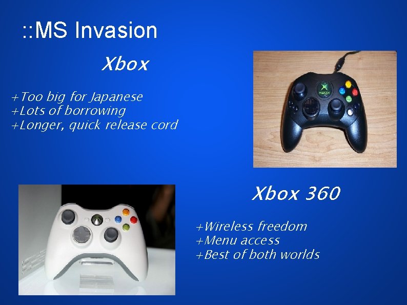 : : MS Invasion Xbox +Too big for Japanese +Lots of borrowing +Longer, quick