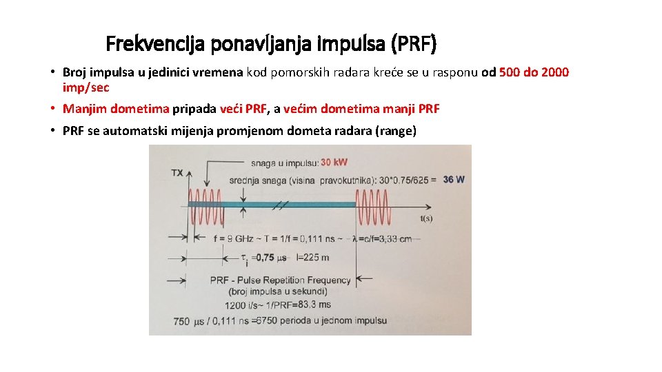 Frekvencija ponavljanja impulsa (PRF) • Broj impulsa u jedinici vremena kod pomorskih radara kreće Frekvencija ponavljanja impulsa (PRF) • Broj impulsa u jedinici vremena kod pomorskih radara kreće