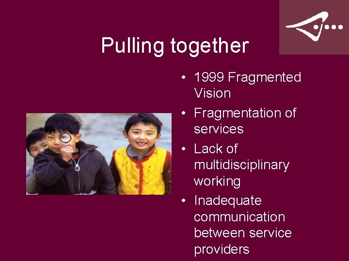 Pulling together • 1999 Fragmented Vision • Fragmentation of services • Lack of multidisciplinary