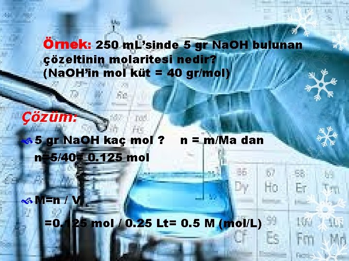 Örnek: 250 m. L’sinde 5 gr Na. OH bulunan çözeltinin molaritesi nedir? (Na. OH’in