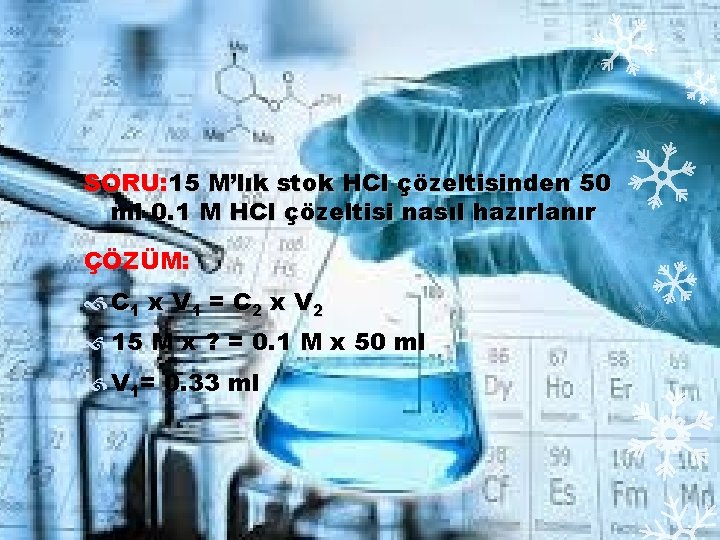 SORU: 15 M’lık stok HCl çözeltisinden 50 ml 0. 1 M HCl çözeltisi nasıl