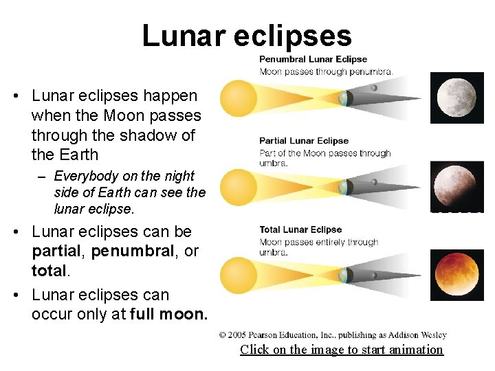 Lunar eclipses • Lunar eclipses happen when the Moon passes through the shadow of