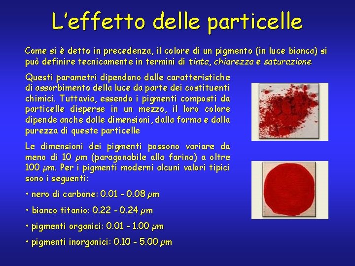 L’effetto delle particelle Come si è detto in precedenza, il colore di un pigmento