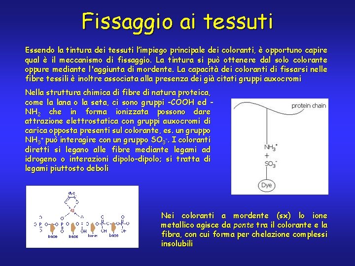 Fissaggio ai tessuti Essendo la tintura dei tessuti l’impiego principale dei coloranti, è opportuno