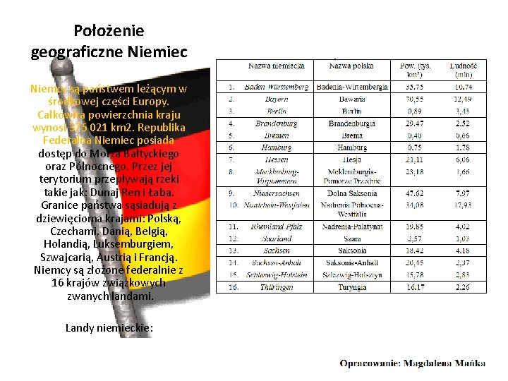 Położenie geograficzne Niemiec Niemcy są państwem leżącym w środkowej części Europy. Całkowita powierzchnia kraju