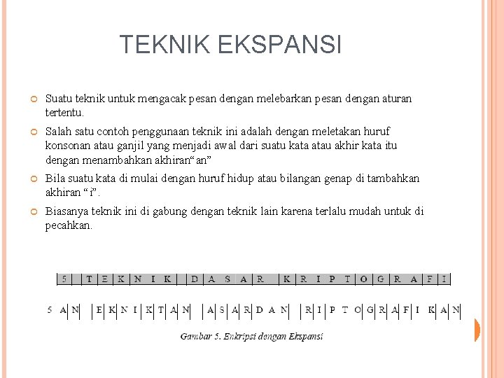 TEKNIK EKSPANSI Suatu teknik untuk mengacak pesan dengan melebarkan pesan dengan aturan tertentu. Salah