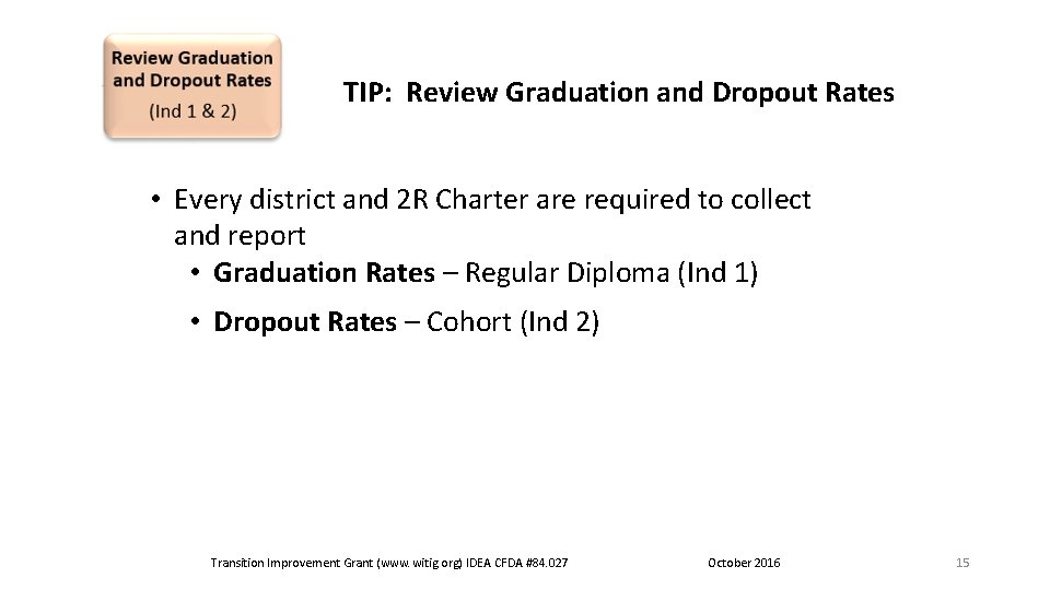 TIP: Review Graduation and Dropout Rates • Every district and 2 R Charter are