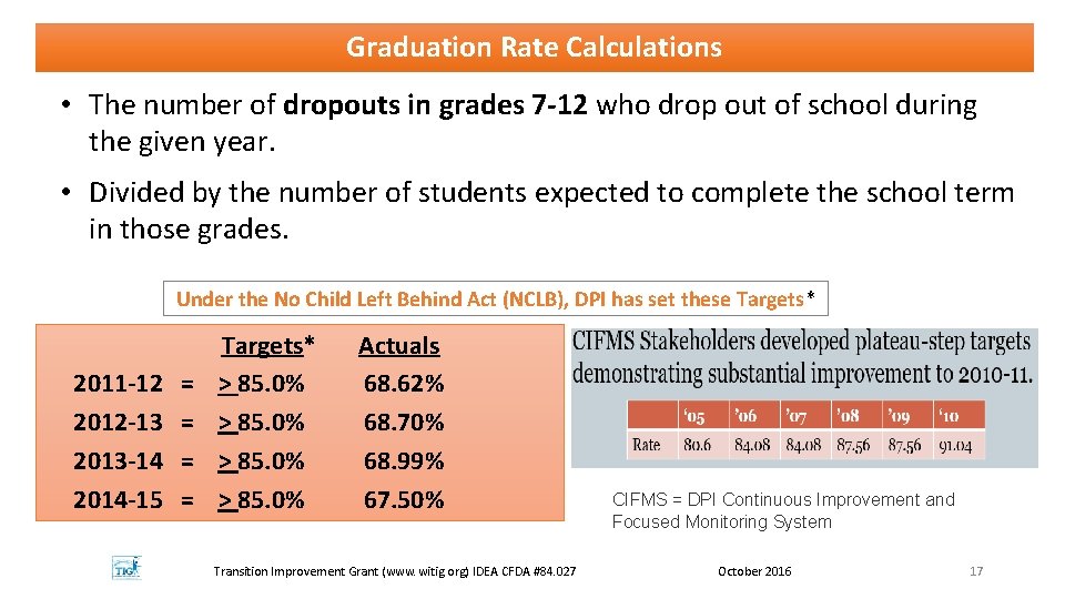 Graduation Rate Calculations • The number of dropouts in grades 7 -12 who drop