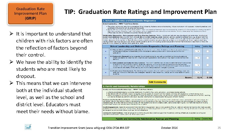 TIP: Graduation Rate Ratings and Improvement Plan Ø It is important to understand that