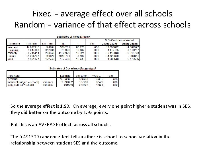 Fixed = average effect over all schools Random = variance of that effect across