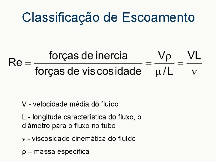 Classificação de Escoamento V - velocidade média do fluído L - longitude característica do